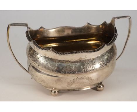 A George III silver sugar basin, maker's mark rubbed  J?, London 1809:,  initialled, of barge shape outline having a gadroone