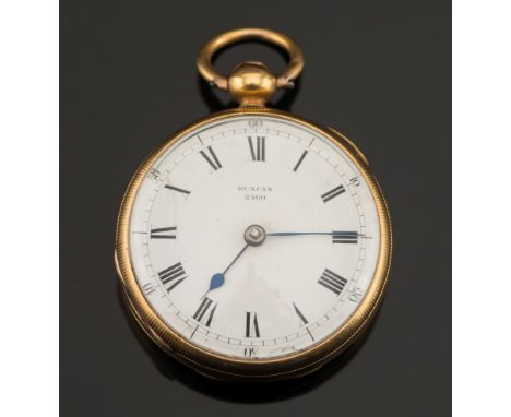 Duncan, an 18ct gold open faced pocket watch: the fusee movement having a plain steel balance to the lever escapement and num