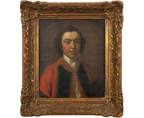 Circle of Sir Joshua Reynolds [18th century]-
Portrait of a young gentleman, bust-length wearing a red buttoned jacket and wh