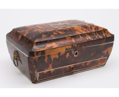 A 19th century blonde tortoiseshell and ivory workbox: of rectangular outline, the shallow domed hinged lid enclosing a silk 