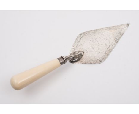 An Edward VII silver and ivory-handled trowel, maker HA, Sheffield, 1905: with presentation inscription to the foliate decora