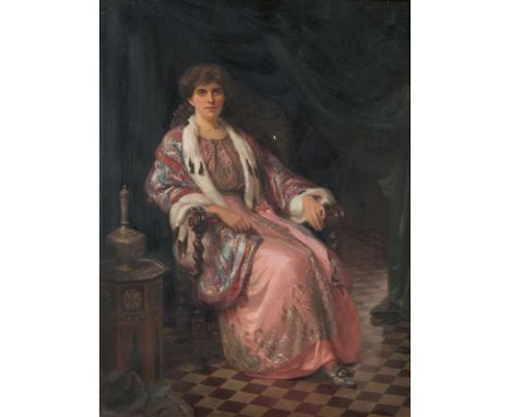 Walter Percy Day [19/20th Century]-
Portrait of Mrs Guy Dobell-:
full-length seated in an interior
signed bottom left
further