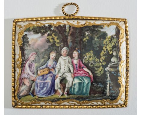 A late 18th century English enamel rectangular plaque: decorated with four entertainers, possibly from the Commedia dell'Arte