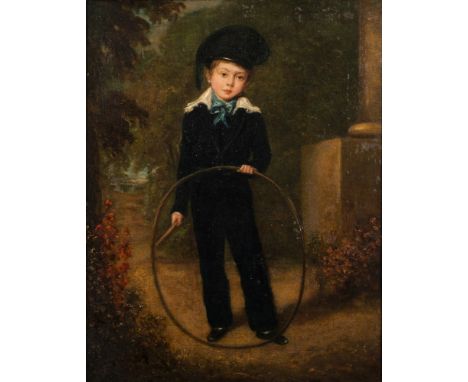 Attributed  to Sir William Beechey [1753-1839]- 
Portrait of a young boy with a hoop, full-length standing by a column within