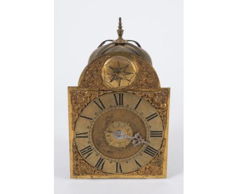 An 18th century brass lantern clock with alarm: the weight-driven thirty-hour bird-cage movement having a verge escapement wi