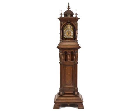 Winterhalter & Hoffmeier, an oak cased mantel clock with pedestal: the eight-day duration movement with 'ting-tang' quarter-s