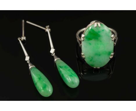 A pair of jade drop earrings together with an oval jade single stone ring:.  