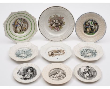 A group of nine 'Early Days' child's plates: including 'The First Step' [2], 'Infancy', 'The Unhappy Child', a pair 'Our Earl