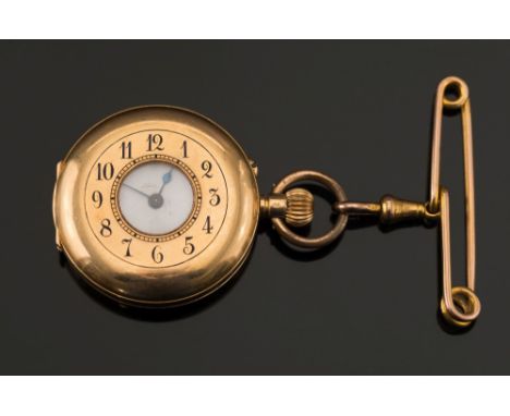 An 18ct gold ladies half-hunter pocket watch: the keyless movement with a Brequet overcoil hairspring to the lever escapement