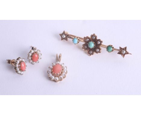 A turquoise and pearl bar brooch and a coral and pearl pendant and pair of matching earrings.