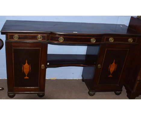 19th century inlaid mahogany break front sideboard with hatched inlay to top edges, three drawers to frieze with brass ringle