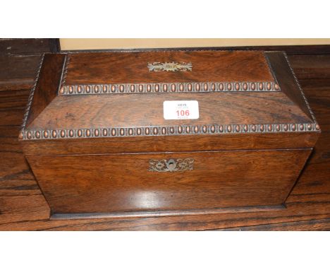 Group: Regency mother of pearl inlaid and beaded sarcophagus shaped tea caddy, the fitted interior lacking mixing bowl, lacki