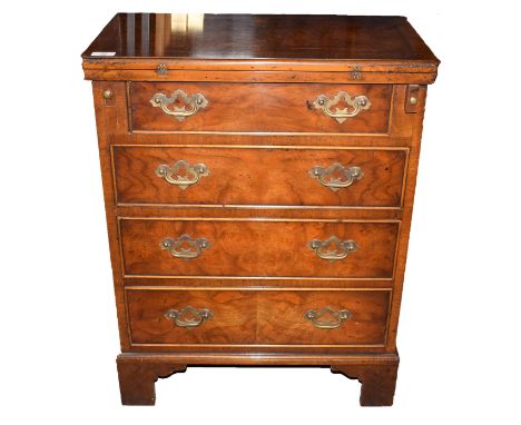 Early Georgian style burr walnut veneered small chest of four drawers with brass fittings, fold-over top, bracket form based,