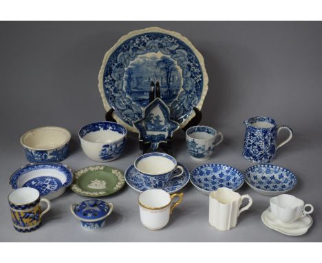 A Tray of Blue and white Ceramics to include Staffordshire Pickle Dish of Leaf Form, 18th Century Teacup, Spode Pin Dished, C
