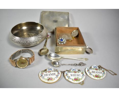 A Collection of Scrap Silver and White Metal Items, Ceramic Decanter Labels, Spoons etc 