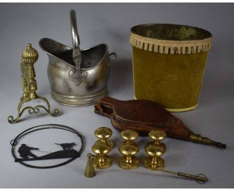 A Collection of Metalwares to Include Small Helmet Shaped Coal Scuttle, Brass Door Handles, Fire Dog, Bellows and a Waste Pin