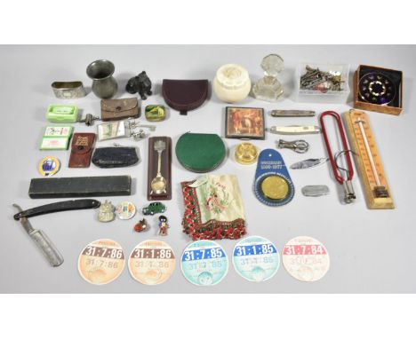 A Collection of Curios to Include Vintage Penknives, Small Collection of Keys, Dog Ornament, Thermometer, Cut Throat Razor, E