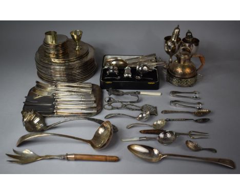 A Collection of Various Metawares to include Kings Pattern Handled Ladle, Goblets, Silver Plated Place Holders, Cased Three P