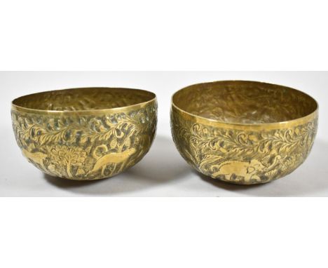 A Pair of North Indian Brass Bowls Decorated in Relief with Hunting Scenes, 11.5cm Diameter 