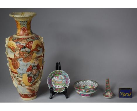 An Oriental Satsuma Vase (AF) Together with Enamelled Match Box Holder, Decorated Rice Bowl, Spoon and Dish 