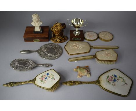 A Collection of Sundries to Include Silver Plated Trophy, Dressing Table Brushes and Mirrors, Jaques Wooden Cased Card Set, J