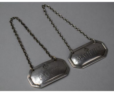A Pair of Heavy Silver Plated Decanter Labels by Walker and Hall, with RAF Stamp, "Port" and "Madeira" 