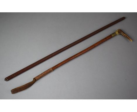 A Child's Plaited Leather Bone Handled Riding Crop and a Leather Swagger Stick 