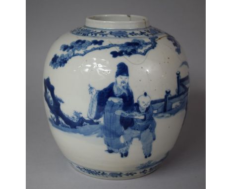 A 18th/19th Century Large Chinese Blue and White Ginger Jar Decorated with Exterior Scene Depicting Scholars and Attendants, 