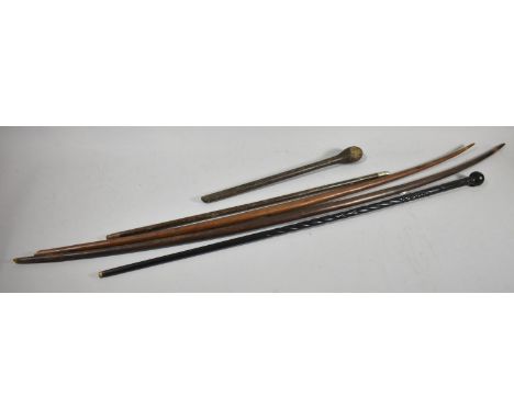 Two Tribal Wooden Bows, Ebony Walking Stick, Swagger Stick and Small Palm Wood Tribal Club