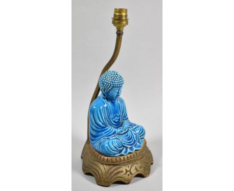 A Table Lamp Base in the Form of Blue Glazed Ceramic Buddha Sat on Carved Wooden Stand, Mac Height 32cm 