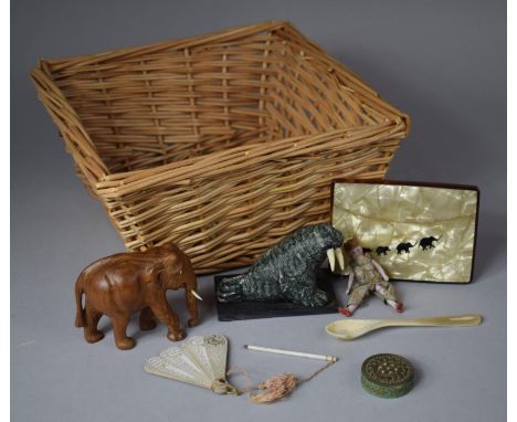 A Mother of Pearl African Card Case (AF), Walrus and Elephant Ornaments, Miniature Powder Compact etc 