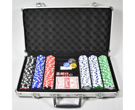 A Modern Cased Poker Set with Playing Cards, Dice, Gambling Chips, 39cm wide 