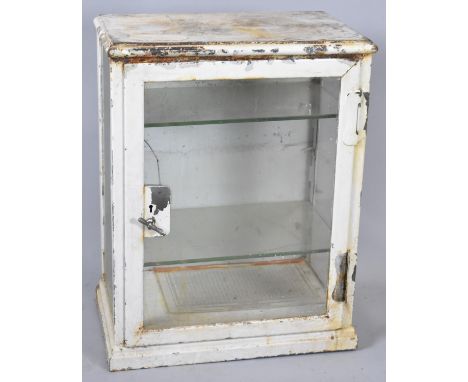 A Vintage White Painted Metal Glazed Cabinet with Two Inner Glass Shelves, In Need of Some Restoration and Front Glass Cracke