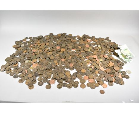 A Vintage Tin Containing Victorian and Later Copper Coins Together with Three Vintage One Pound Notes 