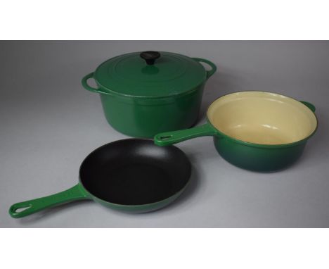 Two Green Glazed Cast Iron French Cooking Pans Together with a Non Stick Skillet 