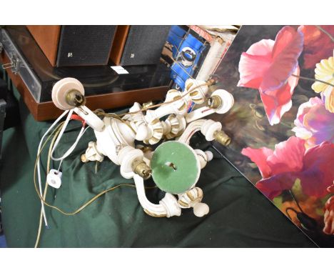 A Cream and Gilt Ceiling Chandelier, Pair of Matching Wall Lights and a Table Lamp 