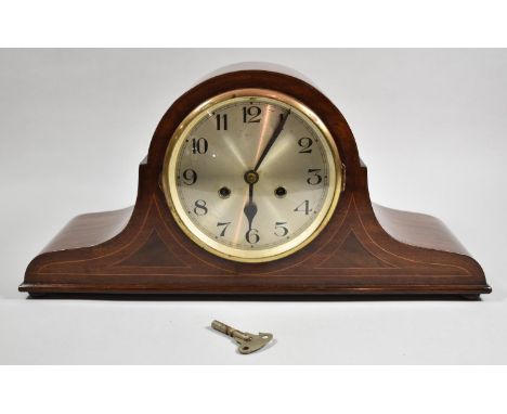 A Mid 20th Century String Inlaid Mahogany Napoleon Hat Mantle Clock with Ting-Tang Movement, 50cm wide 