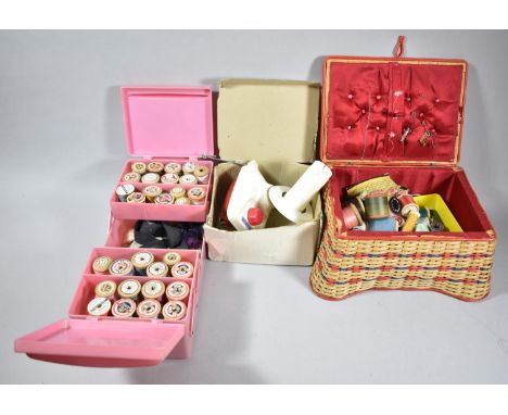 Two Vintage Sewing Baskets Containing Cottons and Accessories and a Wool Winder 