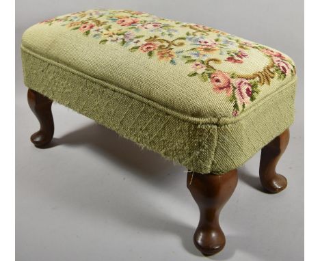 A Rectangular Tapestry Topped Footstool on Short Cabriole Legs, 60cm wide 