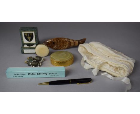 A Small Collection of Curios to Include Vintage Baby's Bonnet, Heraldic Paperweights, Carved Stone Fish, Pen etc 