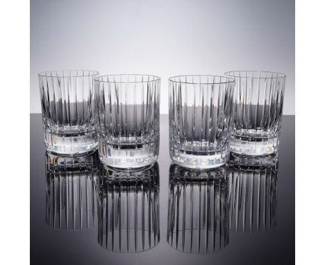 Set of four Baccarat clear crystal old fashioned glasses in the sleek Harmonie pattern, featuring vertical cuts and modern fo