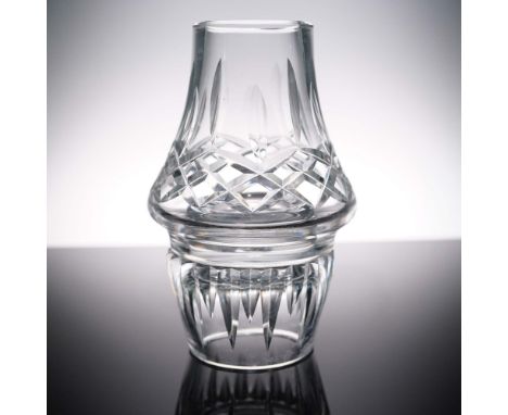 Late 20th century Waterford Crystal hurricane lamp features a flared trumpet shaped chimney with diamond and star cut decorat