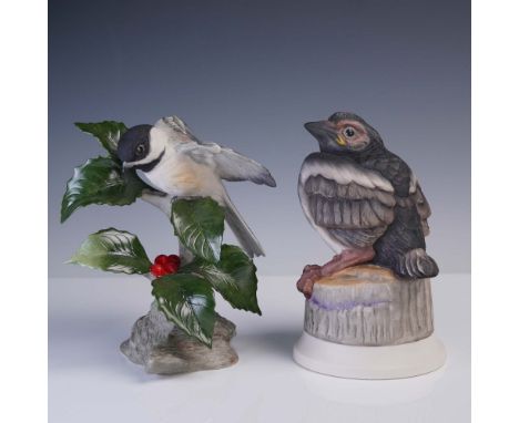 This finely detailed 2-piece set of Boehm porcelain bird figurines includes Chickadee with Holly (40427) and Fledgling Magpie