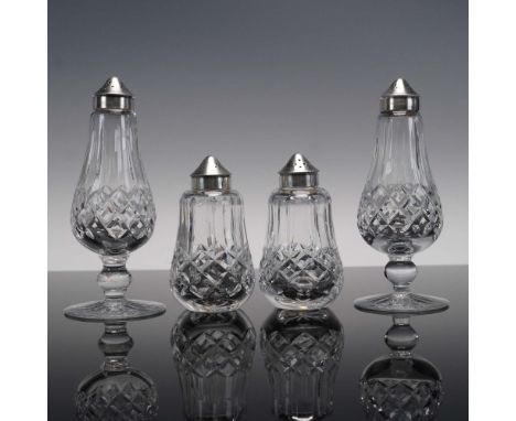 A refined 4-piece set of cut crystal salt and pepper shakers by Waterford, featuring two pedestal-style and two bulb-form des