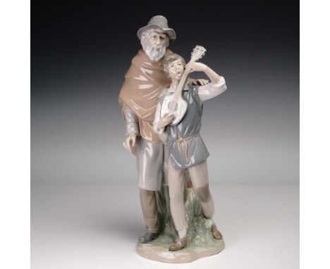 Portrays an elderly musician and a young boy in medieval style attire, evoking a sense of mentorship and storytelling. The be
