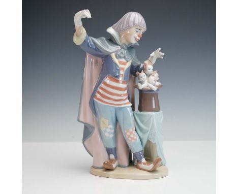 A delightful whimsical piece depicting a smiling clown magician in a striped shirt and ruffled collar, playfully conjuring fo