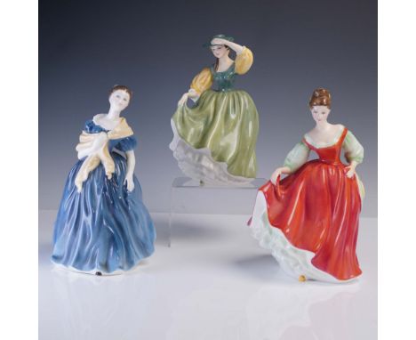 A collection of three Royal Doulton bone china figurines designed by Peggy Davies, each hand painted in vivid colors and pose