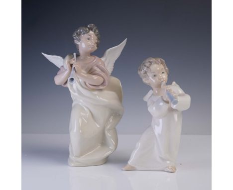 This elegant set of two Lladro porcelain figurines features angels in graceful motion, each playing a flute. The larger figur