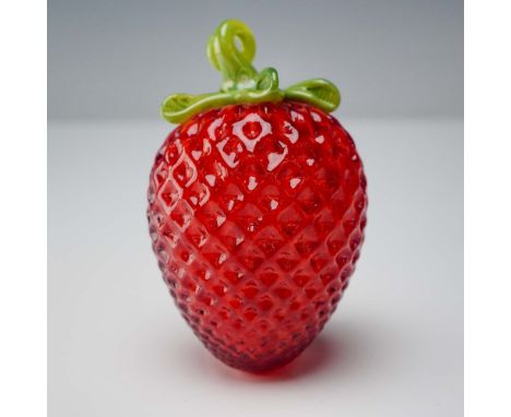 This vibrant strawberry art glass paperweight is a playful and realistic decorative piece handcrafted by artisans from Artful