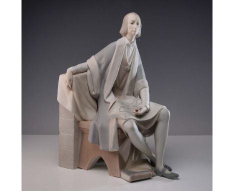 Matte finish porcelain bookend depicting the famed explorer seated with a map draped across his lap. Executed in soft tones o